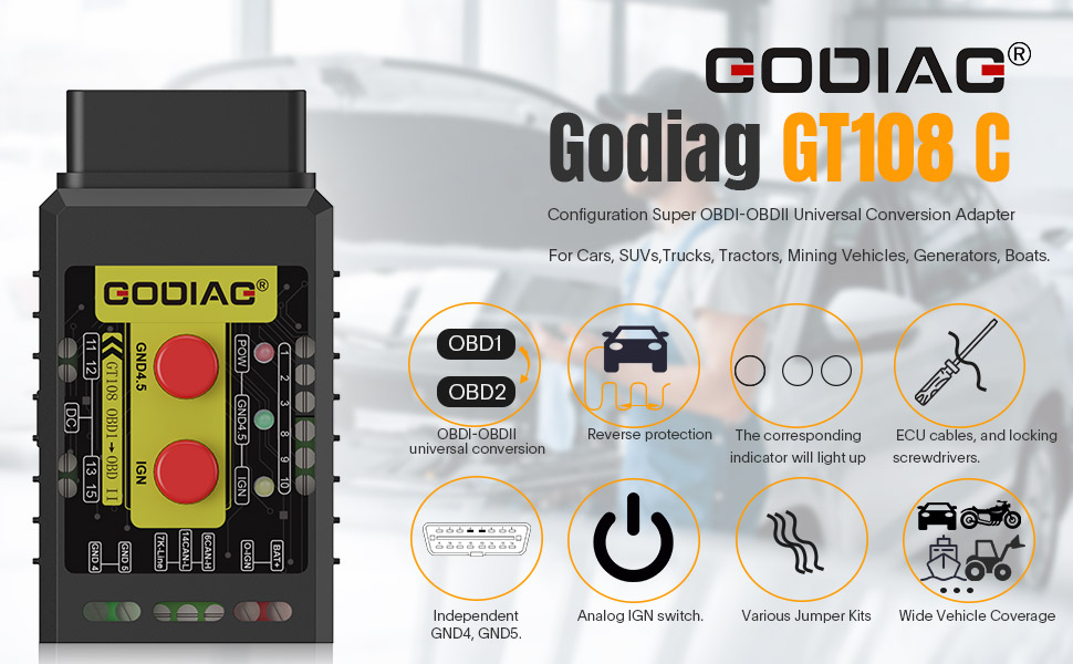 GODIAG GT108 C Configuration Super OBDI-OBDII Universal Conversion Adapter For Cars, SUVs, Trucks, Tractors, Mining Vehicles, Generators, Boats, Motorcycles